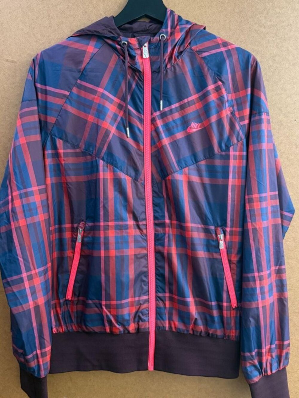 Nike Sportswear Plaid Windbreaker Navy Coral Hooded Jacket Size XL